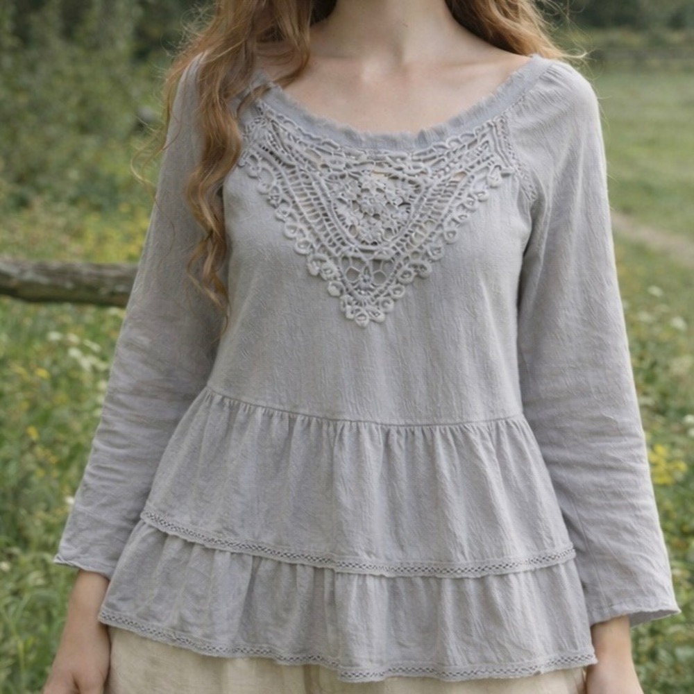 Meadow Rue Light Gray Crochet-Tiered Peasant Tunic